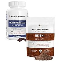 Real Mushrooms Vitamin D2, Zinc (120ct) and Reishi Organic Powder (45 Servings) Bundle with Chaga - Natural Support for Immunity, Better Sleep, and Relaxation - Vegan, Gluten Free, Non-GMO
