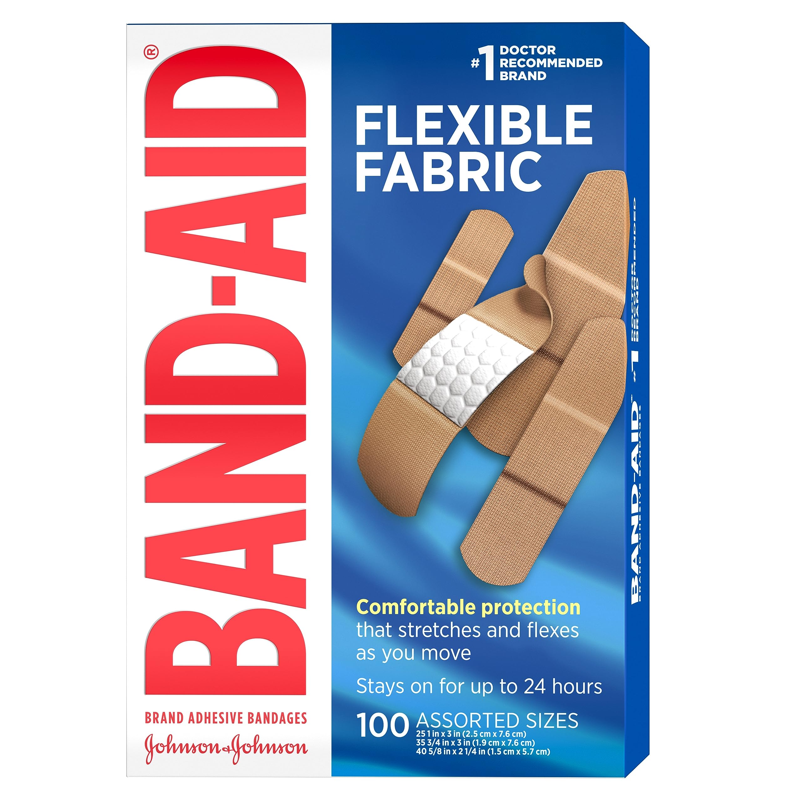 Band-Aid Brand Flexible Fabric Adhesive Bandages for Comfortable Flexible Protection & Wound Care of Minor Cuts, Scrapes, & Wounds, Assorted Sizes, Twin Pack, 2 x 100 ct