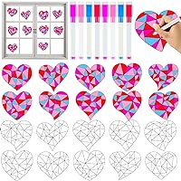 30pcs Valentine's Day Heart Suncatchers Crafts Kit for Kids, DIY Valentines Arts Coloring Heart Window Clings Stickers Gifts with 8 Painting Markers for Home Classroom Party Decorations