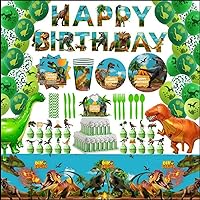 Dinosaur Birthday Party Supplies Including Banner, Cake Topper, Tablecloth, Balloons, Ribbon, Knives, Spoons, Forks, Plates, Tissues and Paper Cups, Perfect for 20 Guests