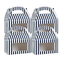Restaurantware Bio Tek 6 x 3.5 x 3.5 Inch Gable Boxes For Party Favor 25 Durable Striped Gift Boxes - Clear Window Built-In Handle Blue And White Paper Barn Boxes Disposable For Parties