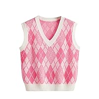 SweatyRocks Women's Sleeveless V Neck Knit Sweater Vest Skull Print Crop Tank Top Pink White Argyle XL