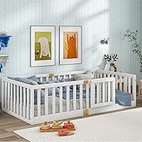 Twin Montessori Bed with Safety Guardrails and Door, Wood Frame Beds for Kids, Door Can Install Left and Right, White