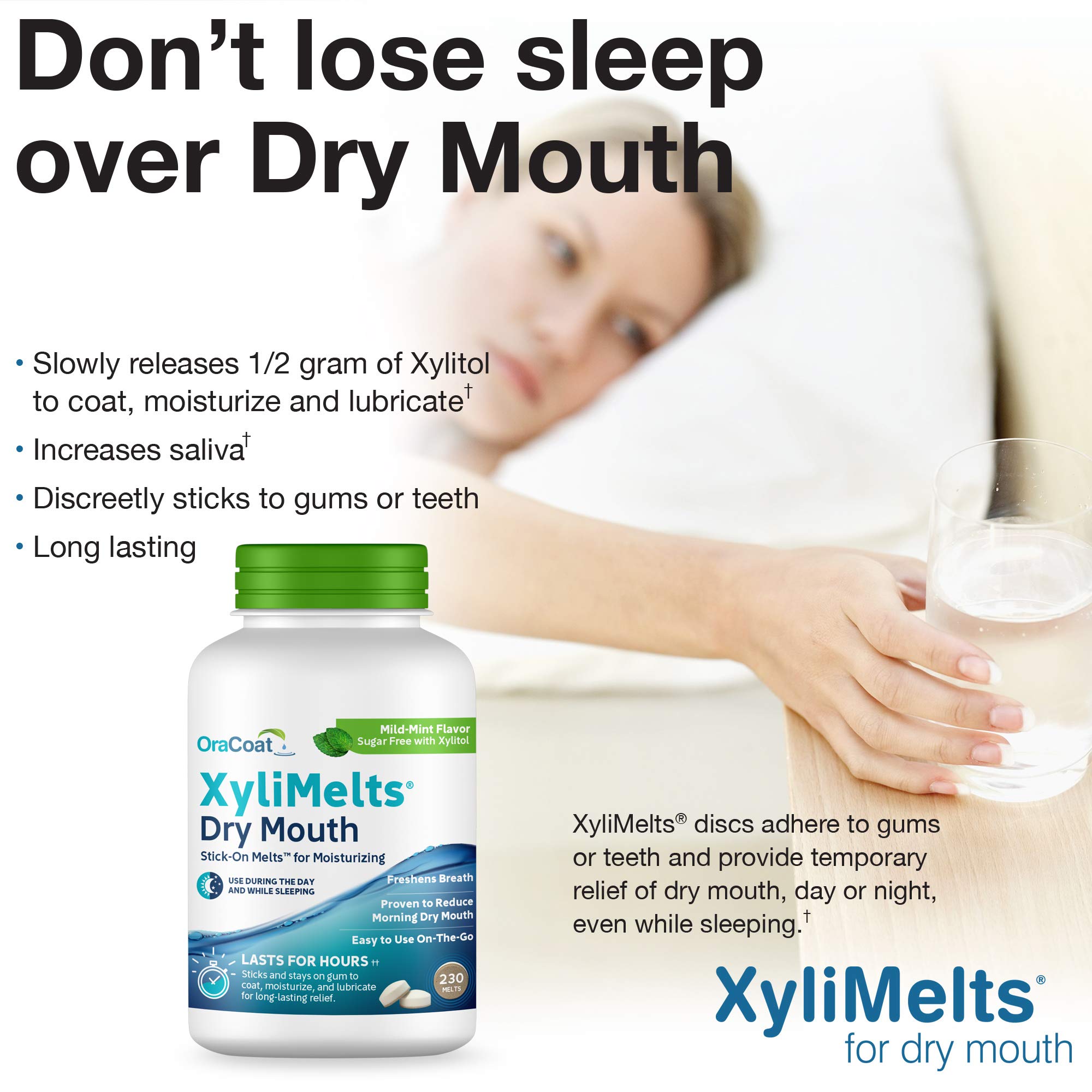 OraCoat XyliMelts Dry Mouth Relief Oral Adhering Discs Mild Mint with Xylitol, for Dry Mouth, Stimulates Saliva, Non-Acidic, Day and Night Use, Time Release for up to 8 Hours, 230 Count