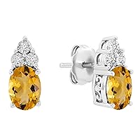 Dazzlingrock Collection 7X5 MM Each Oval Gemstone & Round White Diamond Ladies Stud Earrings, 10K Gold & Sterling Silver