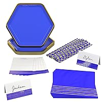 Hallmark Crayola Hallmark Color Pop Indigo Blue and Gold Party Supplies (12 Paper Plates, 12 Paper Straws, 12 Place cards, 24 Napkins) for Birthdays, Hanukkah, Baby Showers, Graduations, Father's Day