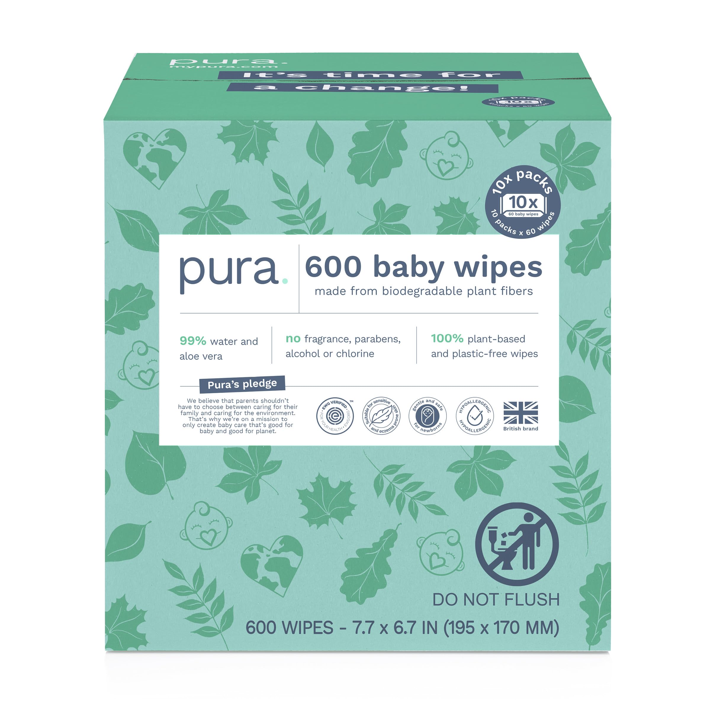 Pura Baby Wipes 10 x 60 Wipes (600 Wipes), 100% Plastic-Free & Plant Based Wipes, 99% Water, Suitable for Sensitive & Eczema-prone Skin, Fragrance Free & Hypoallergenic, EWG, Cruelty Free