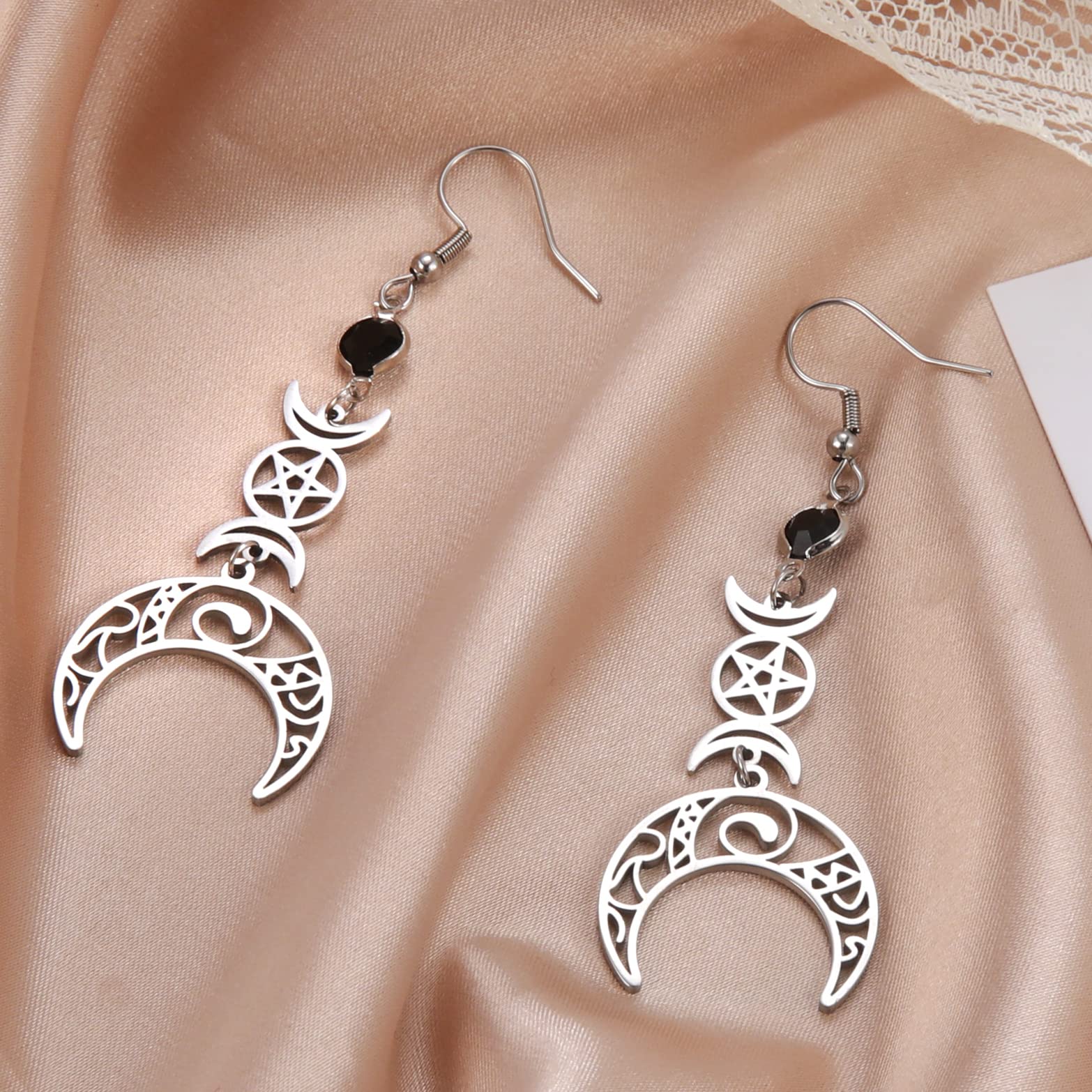 Triple Moon Goddess Pentagram Crescent Moon Pendant Earrings Amulet Wiccan Jewelry Stainless Steel Jewelry Gift Girl Woman