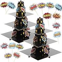 2 Sets Superhero Cupcake Stands and 24pcs Super Hero Boom Cupcake Toppers Skyscraper Cake Stands 3 Tier for Dessert Table Building Cupcake Stand for Birthday Table Decor Superhero Party Supplies