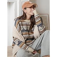 Women's Sweater Striped and Geo Pattern Drop Shoulder Sweater Sweater for Women (Size : X-Large)