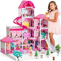 Doll House, Dream House Furniture Pink Girl Toys, 4 Stories 10 Rooms Dollhouse with 2 Princesses Slide Accessories, Toddler Playhouse Gift for for 3 4 5 6 7 8 9 10 Year Old Girls Toys