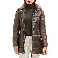 Women's Puffer Coat With Shearling Hood - Lightweight Real Lambskin Leather Down Coat