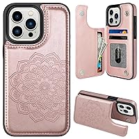 MMHUO for iPhone 15 Pro Case with Card Holder, Flower Magnetic Back Flip Case for iPhone 15 Pro Wallet Case for Women, Protective Case Phone Case for iPhone 15 Pro,Rose Gold
