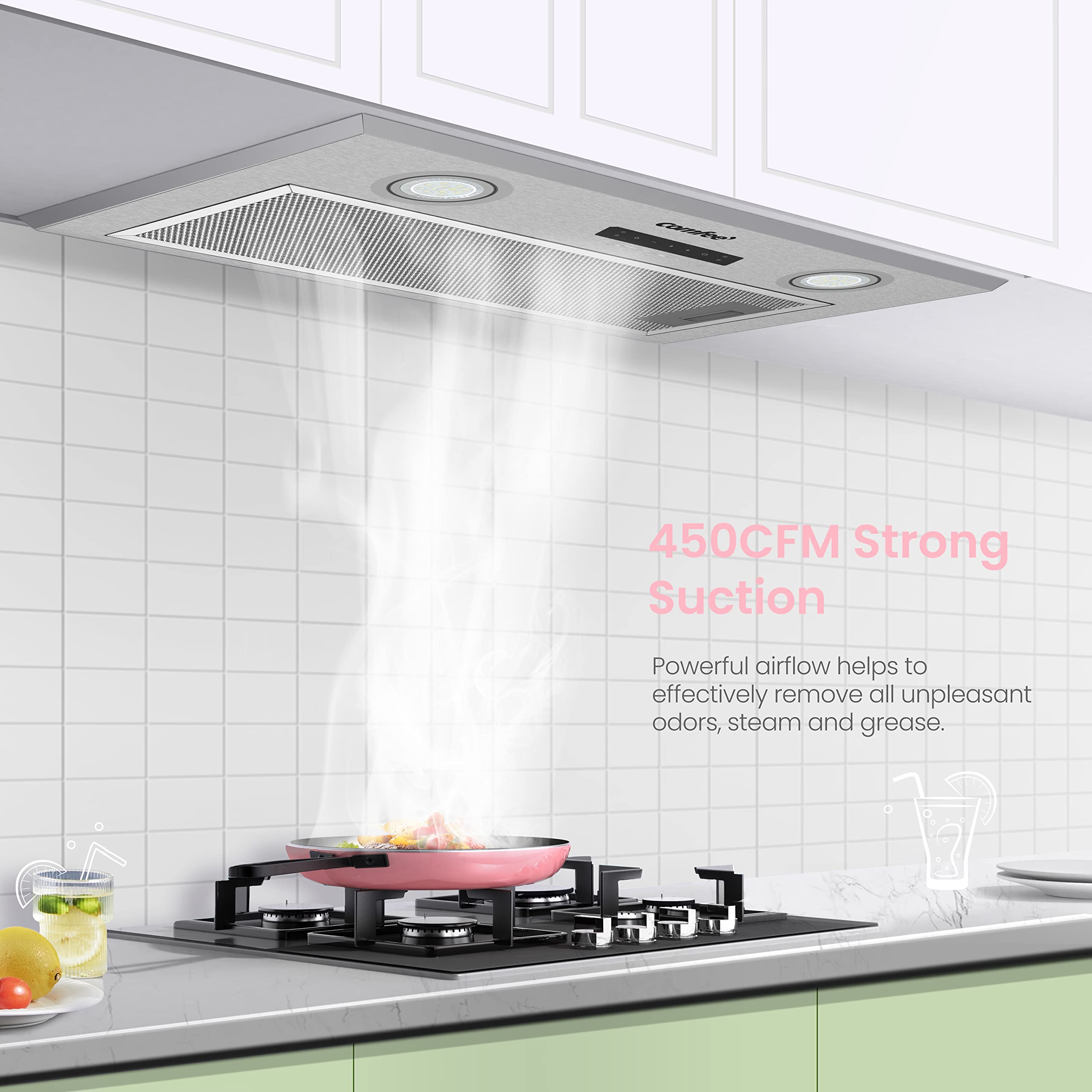 Comfee' Range Hood 27 inch, Built-in/Insert Vent Hood 450 CFM, 3 Speed Gesture Sensing & Touch Control Panel Stainless Steel Kitchen Stove Hood, Ducted/Ductless Convertible Duct