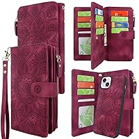 Harryshell Compatible with iPhone 14 Plus 6.7 inch 5G 2022 Wallet Case Detachable Magnetic Cover Zipper Cash Pocket Multi Card Slots Holder Wrist Strap Lanyard (Floral Wine Red)