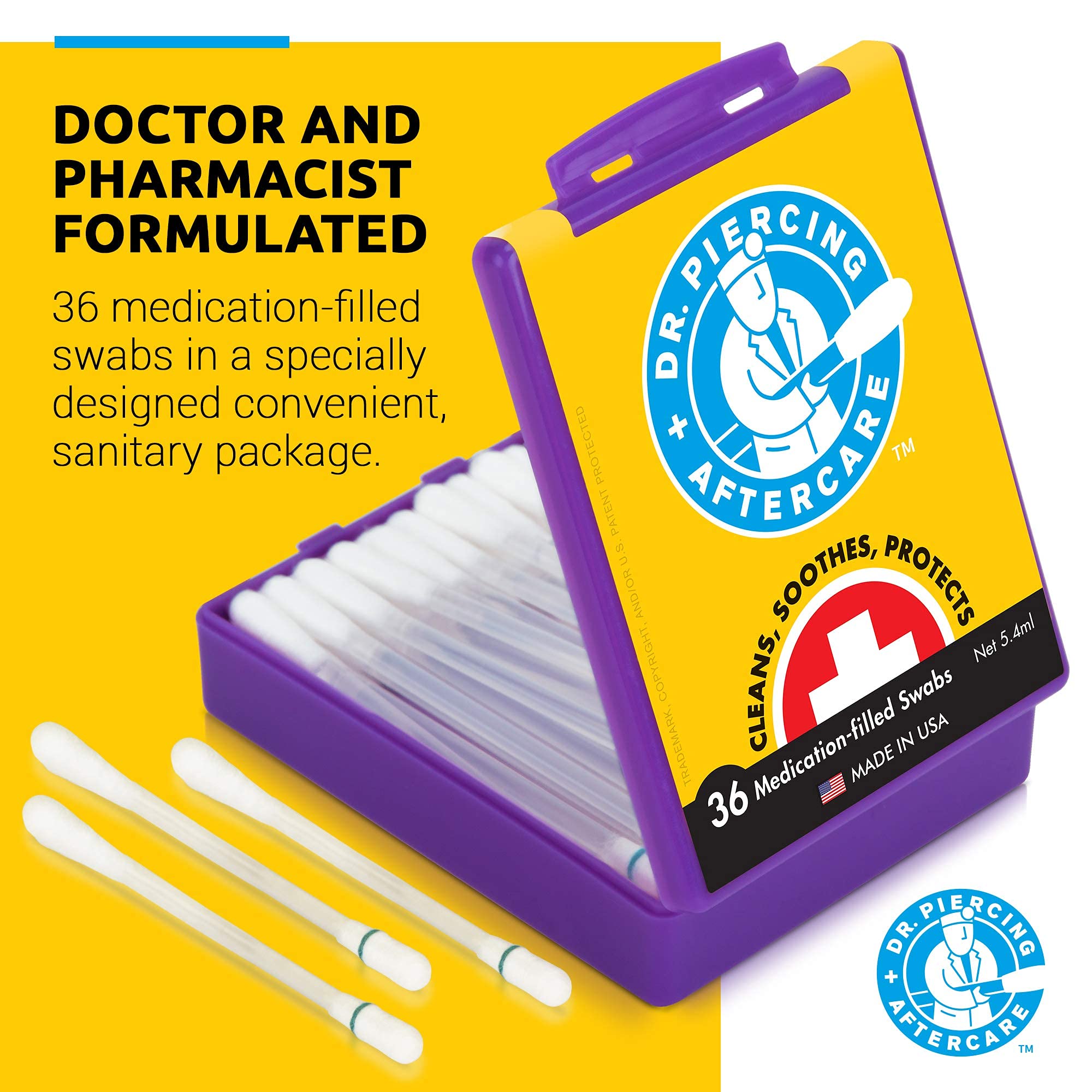 Dr. Piercing Aftercare Swabs - Saline Solution for Piercings - Earring Nose Belly Ear Piercing Cleaner - Saline Wound Wash, Ear Hole Cleaner - Keloid Bump Removal Treatment, 36 swabs (1-Pack)