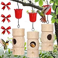 Hummingbird House,Wooden Hummingbird Houses for Outside for Nesting, Hummingbird Houses with Red Feeder Ribbons Gardening Gifts Home Decoration,3 Pack Cylindrical Style