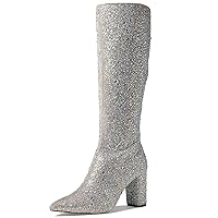 MUCCCUTE Women's Rhinestone Ankle Boots Point-Toe Block Chunky Heel Sparkly Party Wedding Booties Glitter Dressy Fashion Short Boots