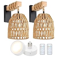 Battery Operated Wall Sconce, Rattan Wall Sconces Battery Operated Set of 2, Boho Battery Wall Sconce with Remote Control, Wireless Wall Sconce for Bedroom, Living Room, Entryway