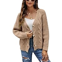 Flygo Women's Loose V Neck Button Down Cardigan Chunky Cable Knitted Sweater Tops