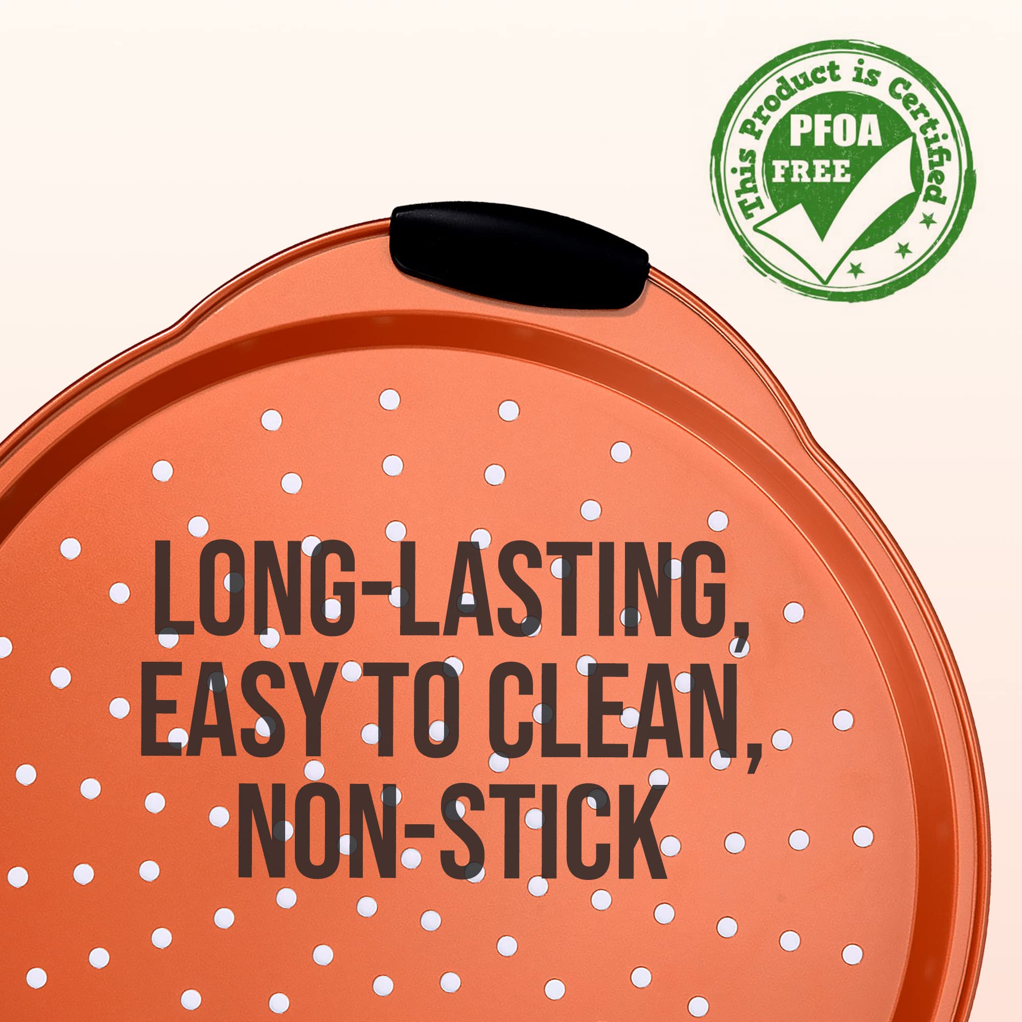 NutriChef Non-Stick Pizza Tray - with Silicone Handle, Round Steel Non-stick Pan with Perforated Holes, Premium Bakeware, Pizza Tray with Silicone and Oversized Handle, Dishwasher Safe - NCBPIZ4