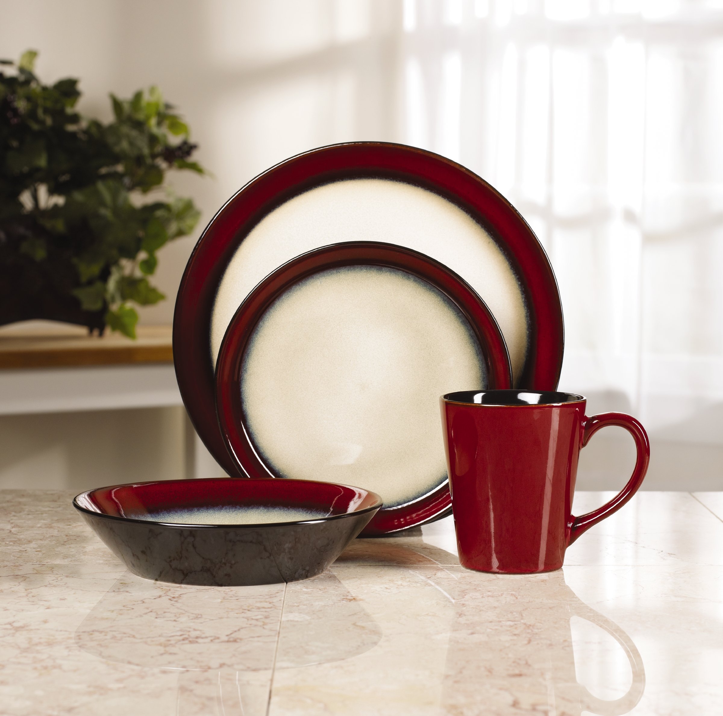 Pfaltzgraff Aria Red 16-Piece Stoneware Dinnerware Set, Service for 4 Black