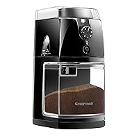 Chefman Coffee Grinder Electric Burr Mill - Freshly Grinds Up to 2.8oz Beans, Large Hopper with 17 Grinding Options for 2-12 Cups, Easy One Touch Operation, Cleaning Brush Included, Black