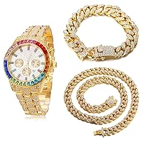 Halukakah Gold Watch Diamonds Multicoloured, Men's 18K Real Gold/Rose Gold/Platinum Plated White Gold 40 mm Wide White Dial Quartz with Cuban Chain Necklace Bracelet, Free Gift Box