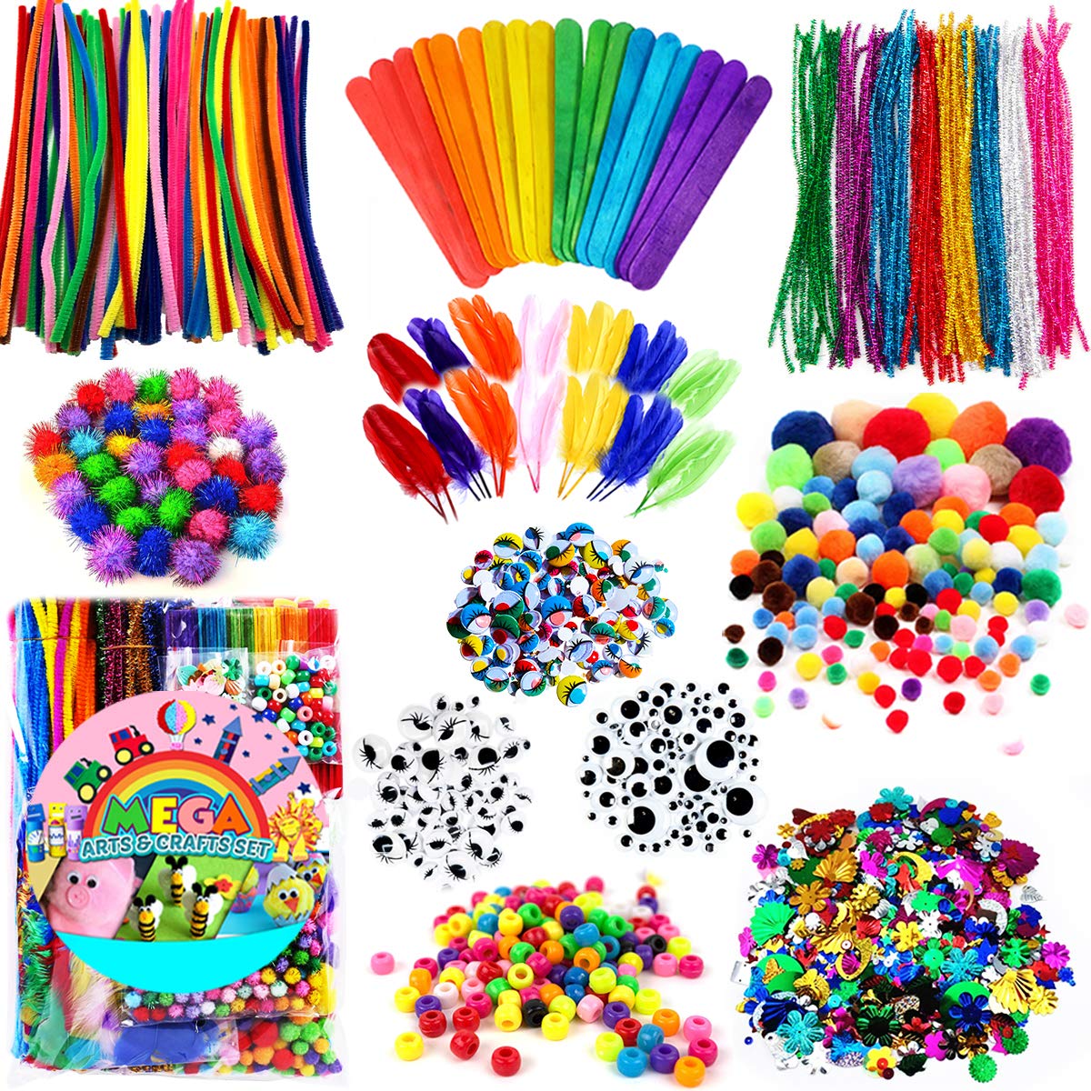 FUNZBO Arts and Crafts Supplies for Kids - Craft Supplies, Craft Kits with Pipe Cleaners, Pom Poms for Crafts & Gloogly Eyes, Crafts for Kids Ages 4-8, 4-6, 8-12, Preschool Supplies