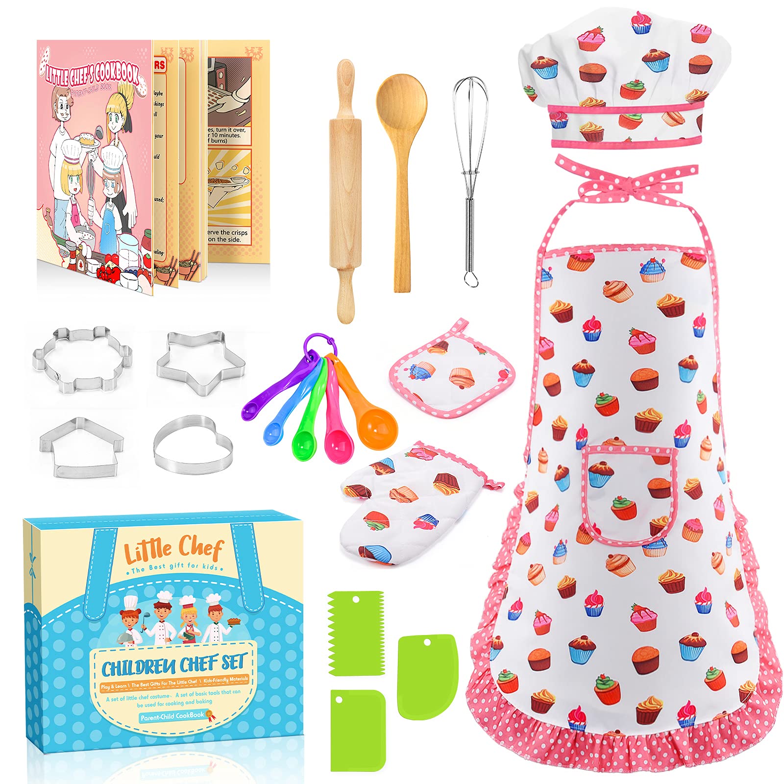 Toyze Birthday Gifts for 3-12 Year Old Girls Cute Stuff Apron for Girls Kids Cooking Sets Toddler Toys Kids Chef Hat and Apron Christmas Stocking Stuffers White-with Cookbook