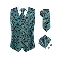 Dubulle Mens Paisley Tie and Vest Set with Pocket Square Cufflinks WaistCoat Suit for Tuxedo