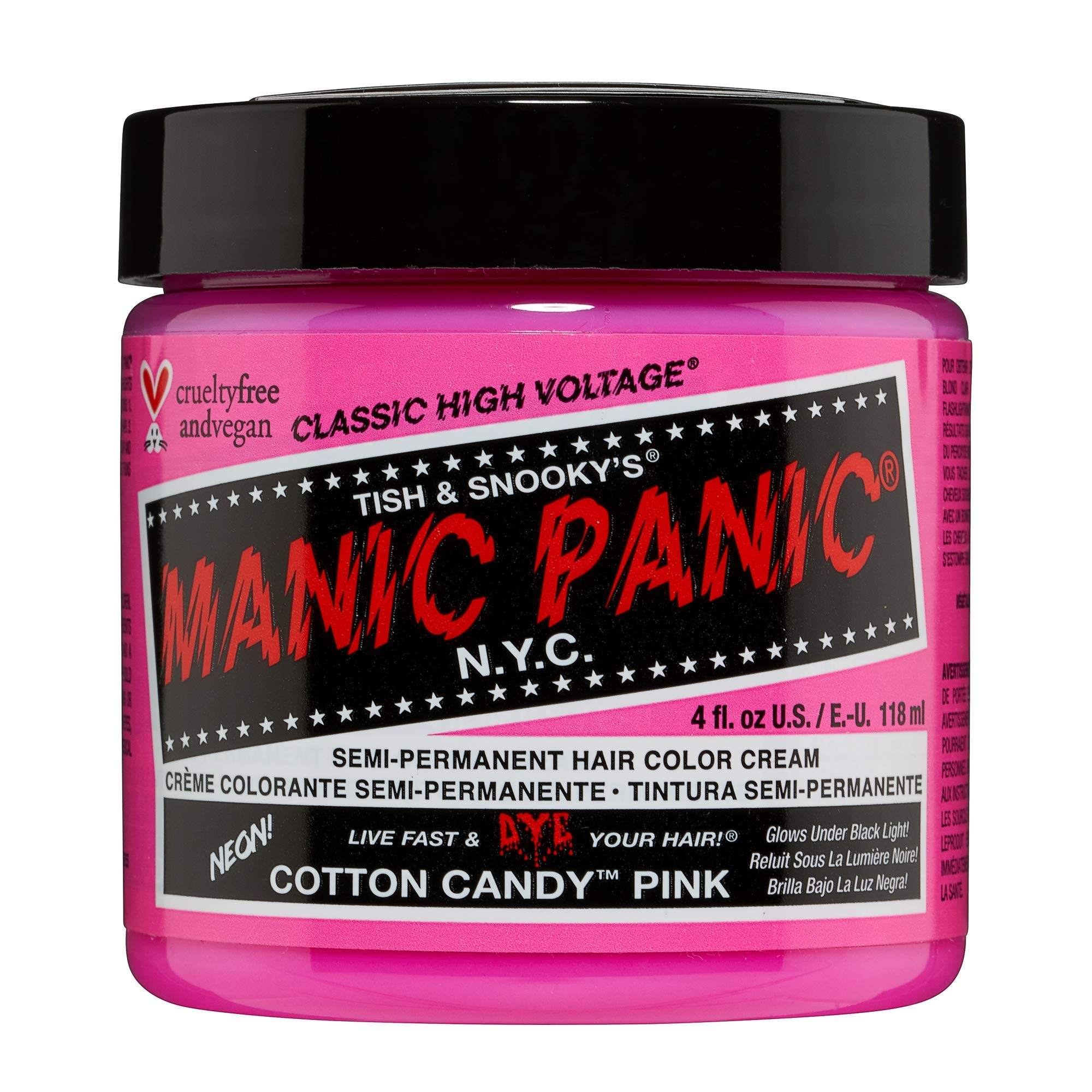 MANIC PANIC Cotton Candy Pink Hair Dye - Classic High Voltage - Semi Permanent Neon Bright Cool Toned Pink Hair Color - Glows Under Black Light - Vegan, PPD & Ammonia Free (4oz)