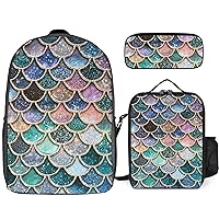 Sparkle Glitter Mermaid Scales Pattern 17 Inch Laptop Backpack Durable Daypack Lunch Bag Pencil Case Set For Sports Work Travel