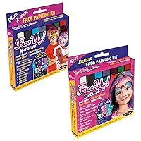GlitZGlam Original XL Face Paint Kit – FACE-UP De Luxe and X-Treme: 97 Piece, 3in1 Face Paint, Glitter Tattoos with 32 Reusable Stencils, Rhinestones AND Hair Coloring Chalk. Hypoallergenic & Dermatol