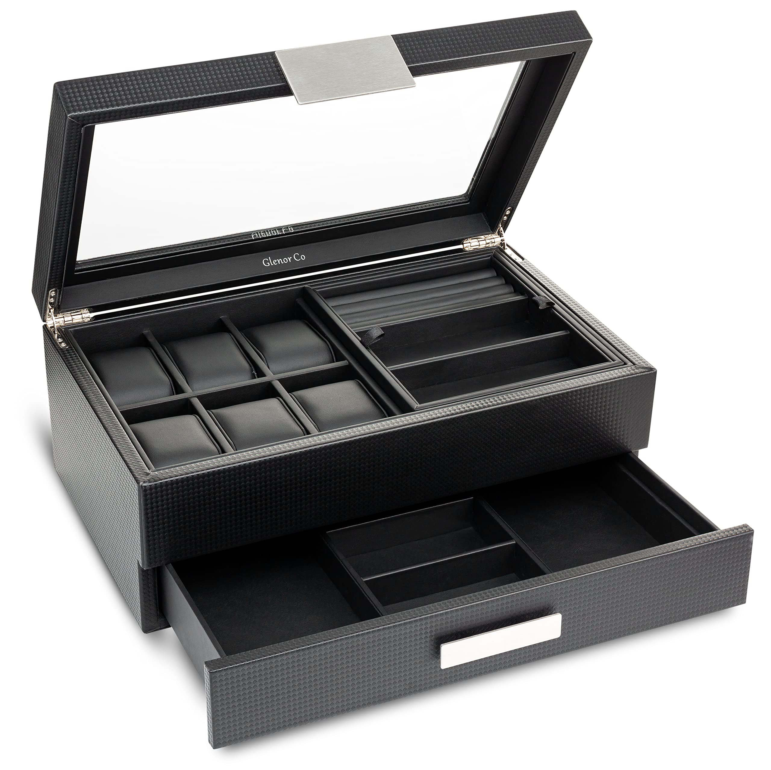 Glenor Co Valet Jewelry Box for Men - Holds 6 Watches, 12 cufflinks, 2 Sunglasses, Drawer & Tray Storage - Mens Watch Case - CarbonFiber Organizer w Metal Accents, PU Leather & Large Glass Lid - Black