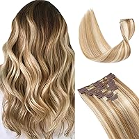 Hairro 100% Human Hair Clip in Extensions Thin 8 Inch Short Straight Highlight Golden Brown Mix Bleach Blonde Clip on Hairpieces 45g Machine Weft 8pcs 18 Clips for Women 2 Tones #12/613