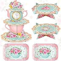 Zopeal 5 Pcs Floral Tea Cupcake Stand Party Decorations 3 Tier Tea Theme Cupcake Holder 2 Tea Birthday Cake Holder 2 Flower Teapot Cake Serving Tray for Tea Party Birthday Baby Shower Wedding Supplies