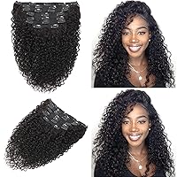 Jerry Curly Clip in Hair Extensions, 18 inch 3B 3C Curly Clip ins 7 pieces with 24 clips Thick 8A Brazilian Soft Remy Human Hair Clip in for Black Women,Black color,120 Gram (18)