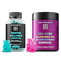 Biotin Gummies with Keratin & Collagen Peptides & Sea Moss Gummies with Black Seed Oil, Bladderwrack and Burdock Root | Natural | Gluten-Free | Non-GMO