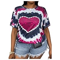 Floerns Women's Plus Size Tie Dye Short Sleeve Heart Print Drop Shoulder T Shirts