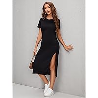 Women's Casual Dresses High Split Solid Dress Charming Mystery Special Beautiful (Color : Black, Size : X-Small)