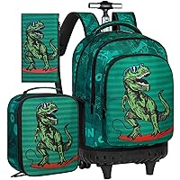 AGSDON 3PCS Rolling Backpack for Boys, Kids Roller Wheels Bookbag, Wheeled School Bag with Lunch Bag - Dinosaur