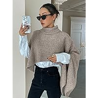 Turtleneck Batwing Sleeve Crop Knit Poncho (Color : Khaki, Size : Small)