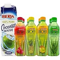 Coconut Water, 33.8 fl oz + Iberia Aloe Vera Drink with Pure Aloe Pulp, Variety, (Pack of 8) 2 x Original, 2 x Mango, 2 x Pineapple, 2 x Strawberry