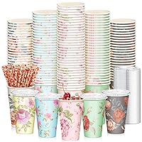 Tessco 150 Pieces/ 50 Sets Vintage Floral Cups with Lids and Paper Straws 16oz Disposable Iced Coffee Paper Cup Paper Cold Teacups for Baby Shower Bridal Wedding Spring Cold Beverages Drinks Juices