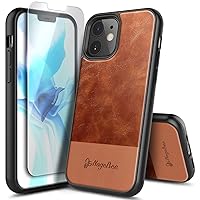 NZND Case for iPhone 12 Mini (5.4 inch, 2020) with Tempered Glass Screen Protector, Premium Cowhide Leather Hybrid Defender Protective Shockproof Rugged Phone Case Cover -Brown