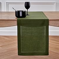 Solino Home Olive Green Linen Table Runner 120 inches Long – 100% Pure Linen 14 x 120 Inch Classic Hemstitch Extra Long Table Runner – Farmhouse Dining Table Runner for Indoor, Outdoor