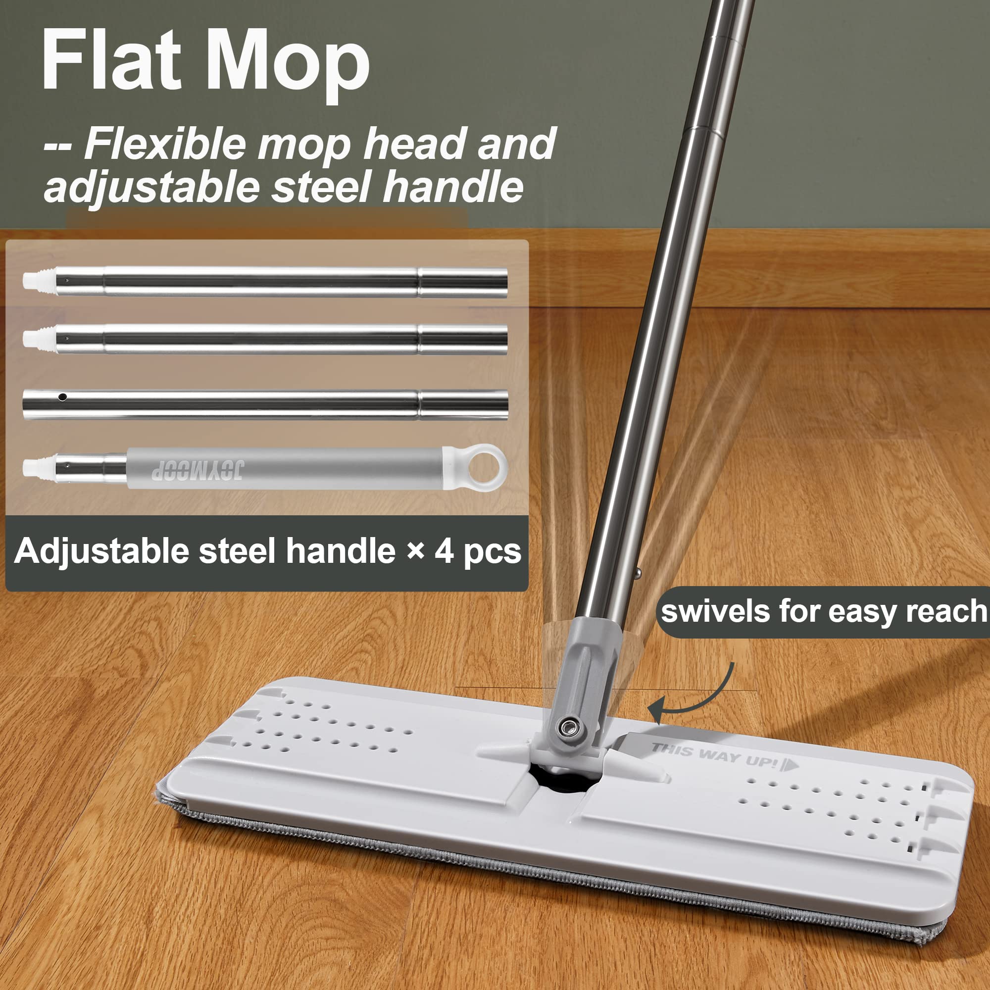 JOYMOOP Mop and Bucket with Wringer Set, Flat Floor Mop and Bucket, Mop for Floor Cleaning with 3 Microfiber Pads, Wet and Dry Use, Household Cleaning Tools,for Hardwood, Laminate, Tile