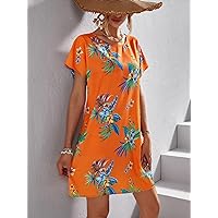 Dresses for Women - Tropical Print Tunic Dress (Color : Orange, Size : Large)