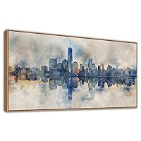 NYC Framed Canvas Wall Art Abstract Painting Wall Decor Indigo Blue Gray Panoramic Art Print New York Skyline Reflection Pictures Artwork Modern City Landscape Living Room Bedroom Decoration 24